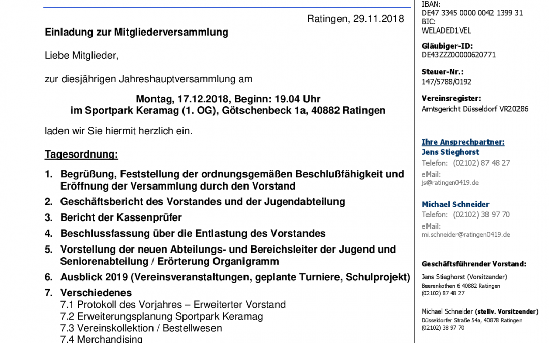 Einladung zur Jahreshauptversammlung 2018