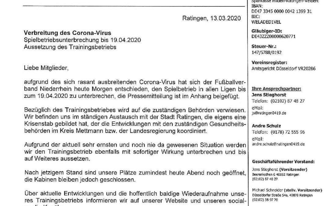 Aussetzung des kompletten Spiel- und Trainingsbetriebes