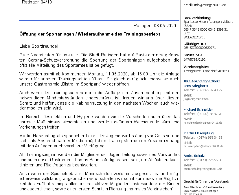 Schreiben Vorstand: Öffnung der Sportanlagen