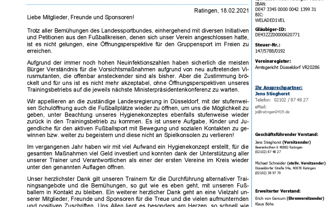 Offener Brief des Vorstandes zur aktuellen Corona-Lage