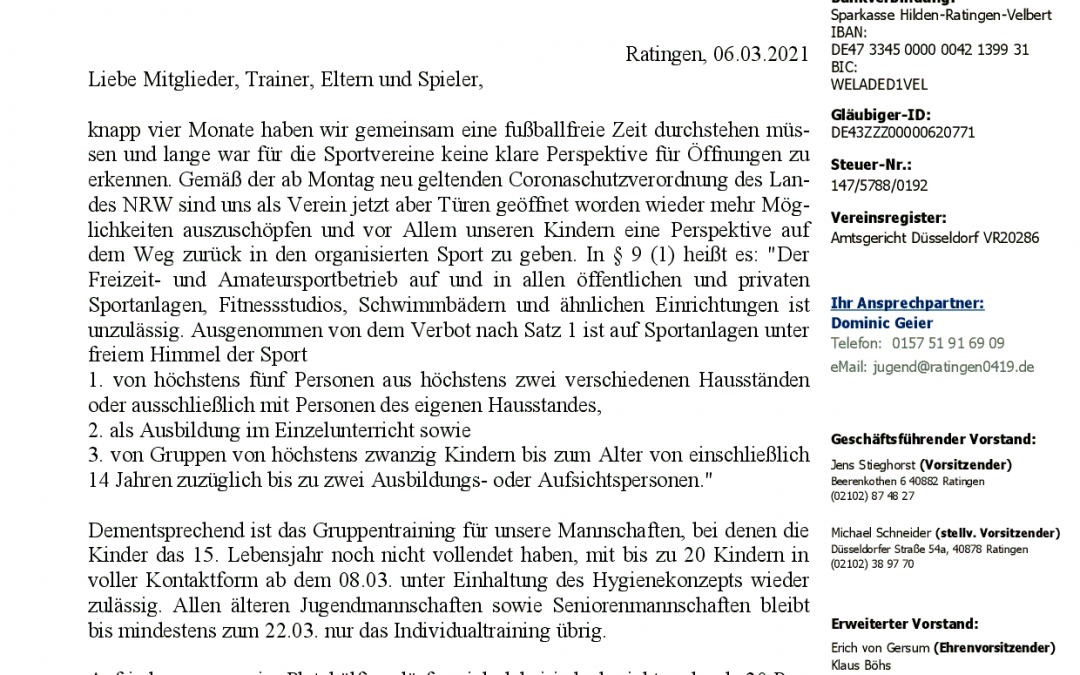 Mitteilung des Vereins zum Wiederbeginn des Trainingsbetriebs ab 08.03.2021
