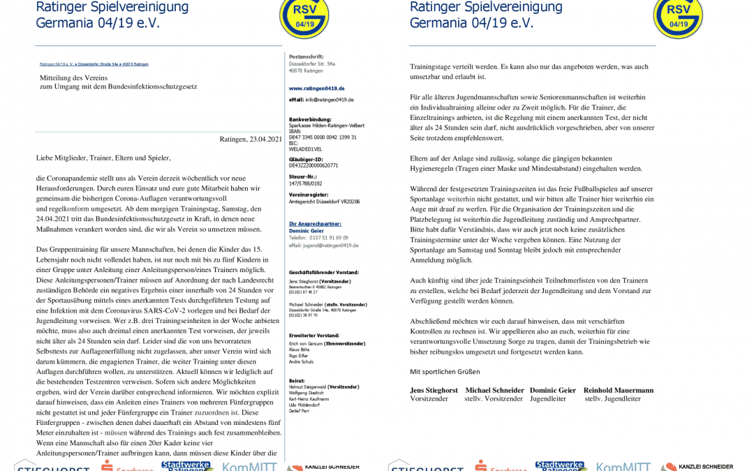 Mitteilung des Vereins zum Umgang mit dem Bundesinfektionsschutzgesetz