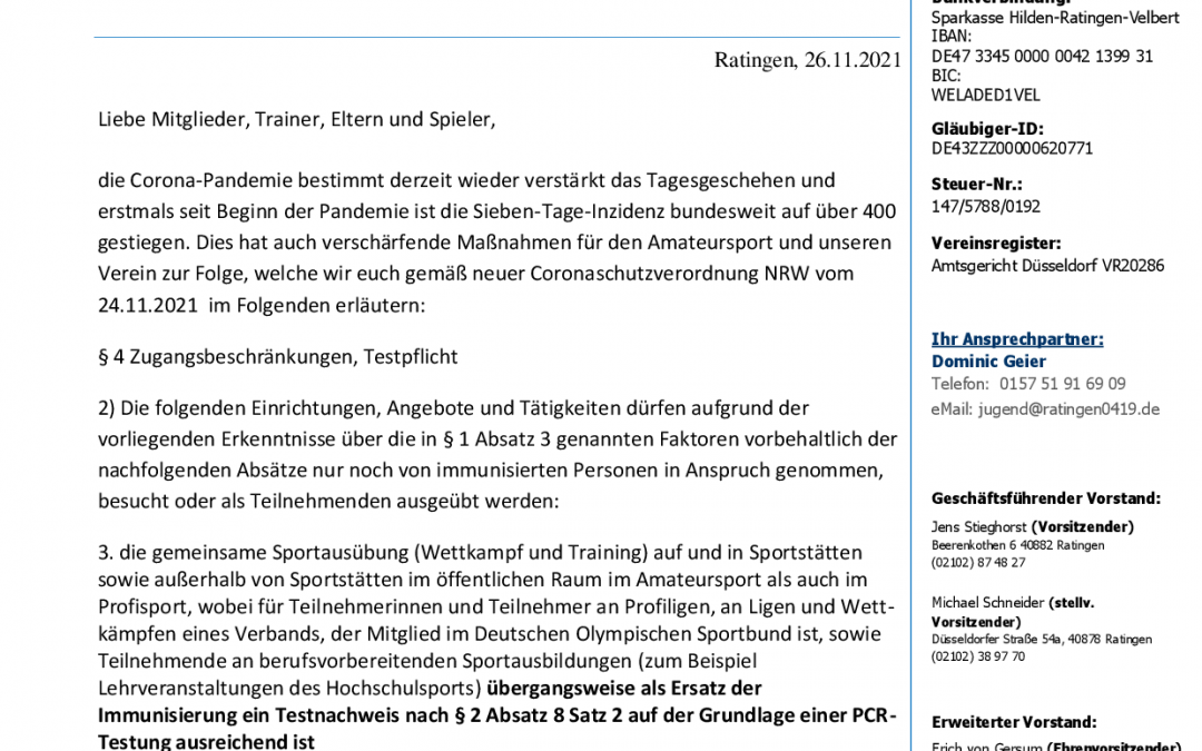 Update: Mitteilung des Vereins zum Umgang mit der neuen Coronaschutzverordnung
