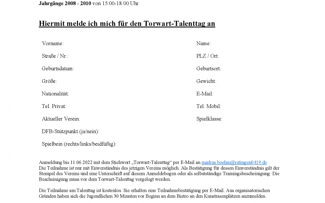 Anmeldung zum Torwart-Talenttag am 18.06.2022