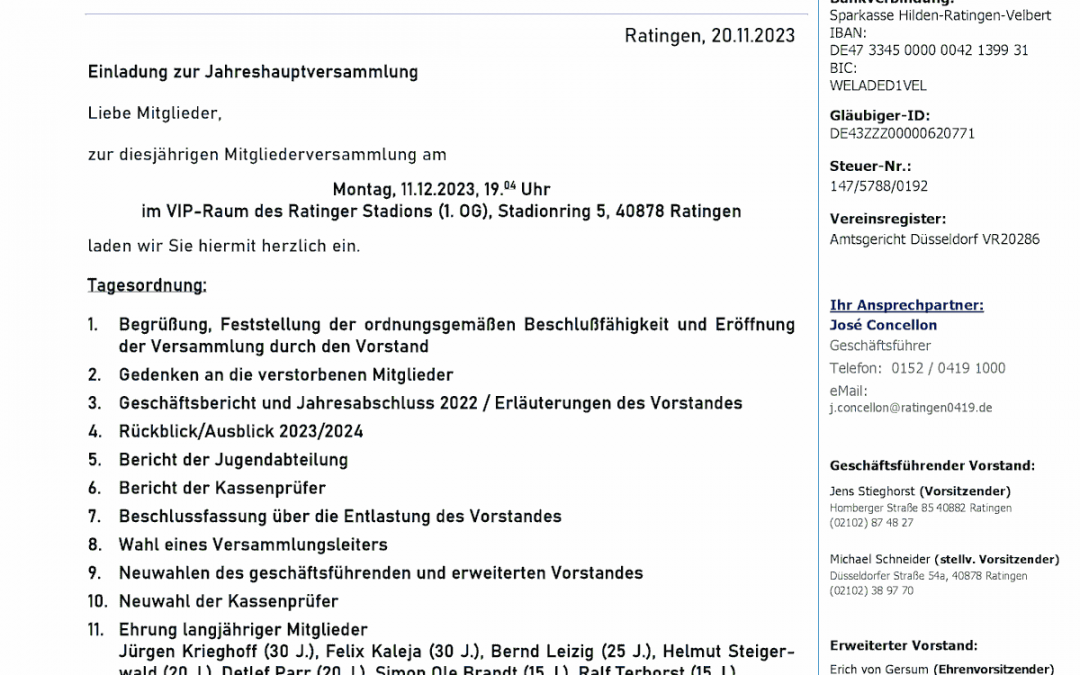 Einladung zur Jahreshauptversammlung 2023