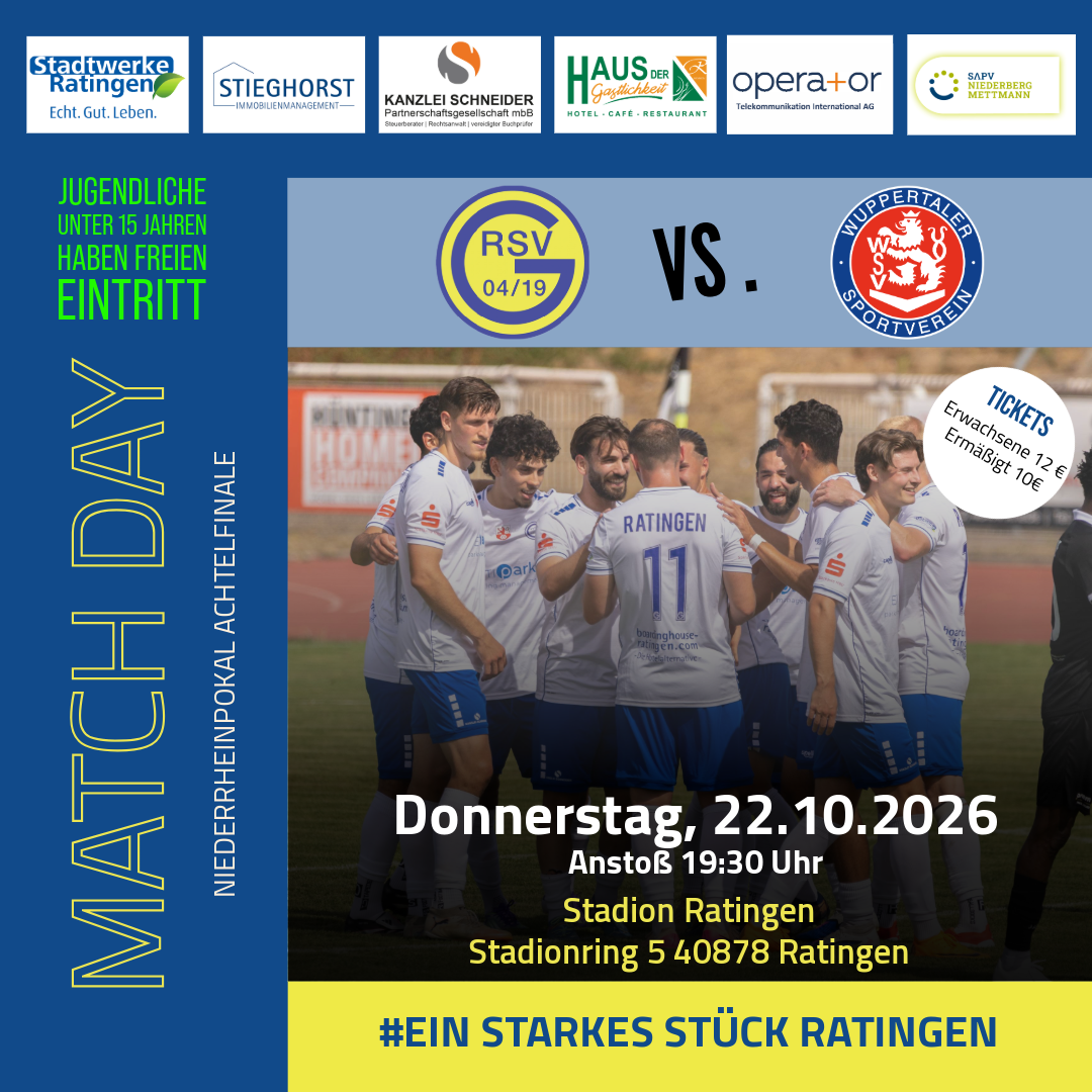 Pokalabend am Stadionring: Ratingen 04/19 empfängt den Wuppertaler SV