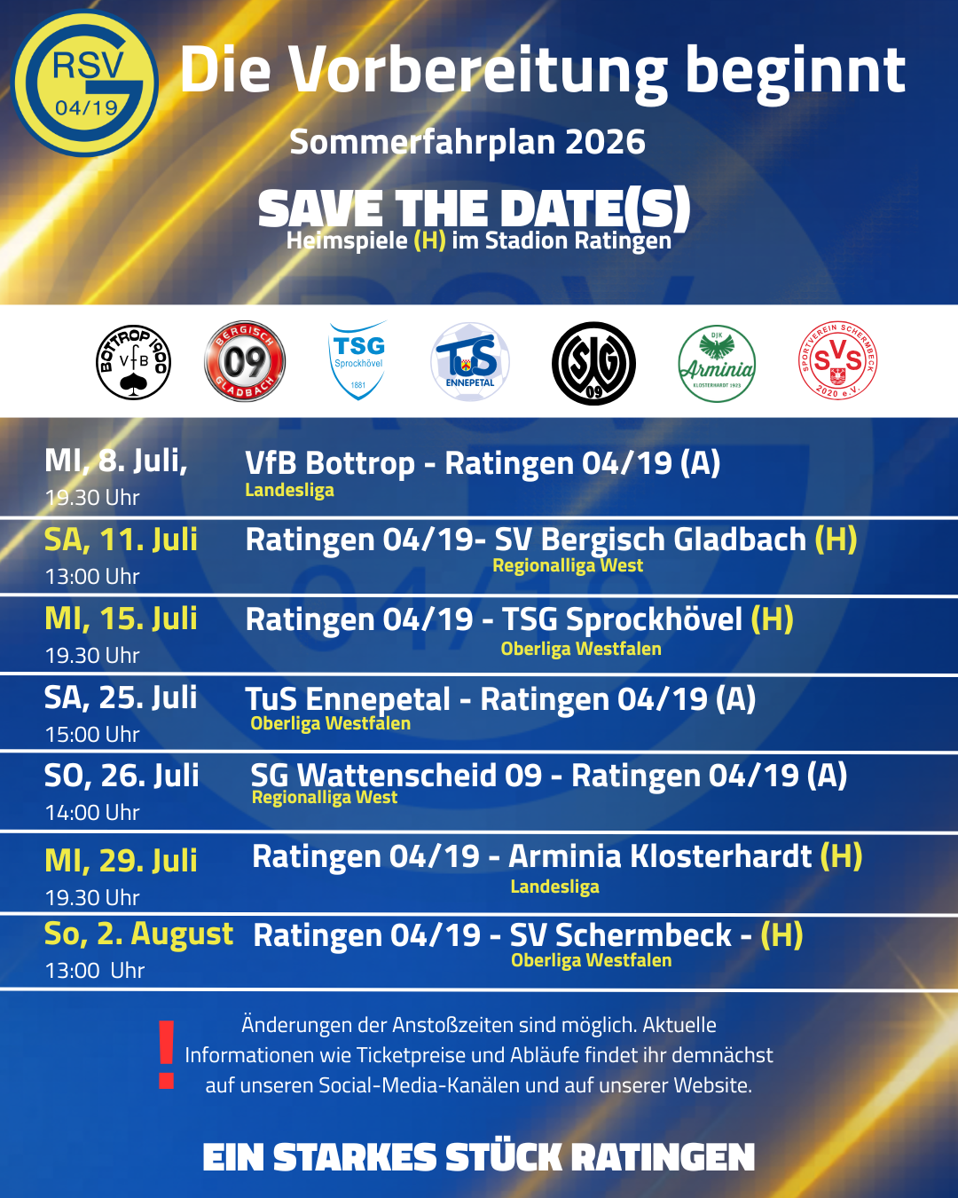 Sommerfahrplan unserer 1. Mannschaft steht fest